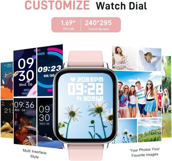 Smart Watch, Fitness Tracker 1.69" Touch Screen Heart Rate Sleep Monitor, Pink - Image 4