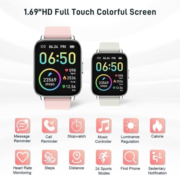 Smart Watch, Fitness Tracker 1.69" Touch Screen Heart Rate Sleep Monitor, Pink - Image 7