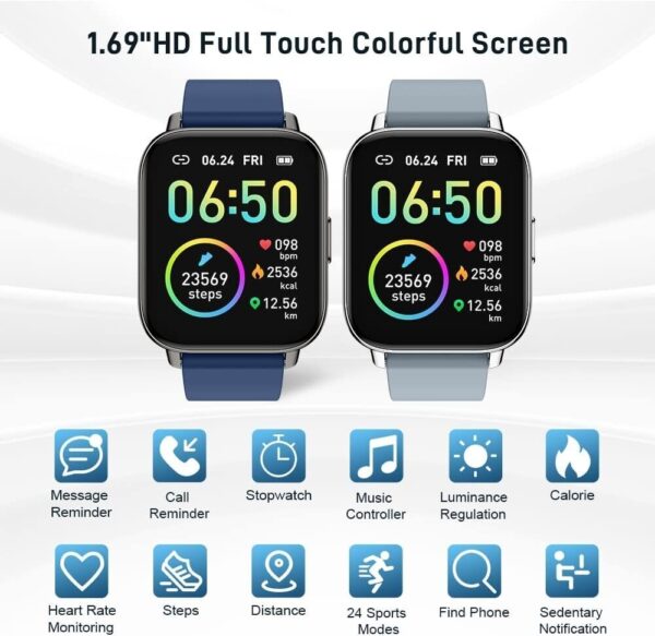 Smart Watch, Fitness Tracker 1.69" Touch Screen Heart Rate Sleep Monitor, Grey - Image 3