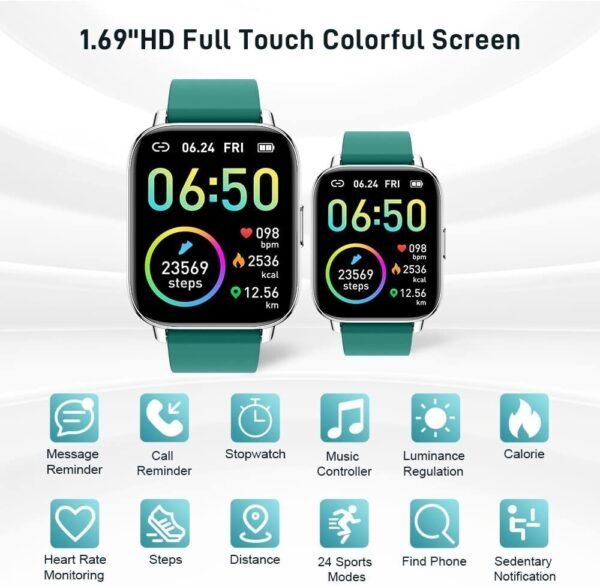 Smart Watch, Fitness Tracker 1.69" Touch Screen Heart Rate Sleep Monitor, Green - Image 2